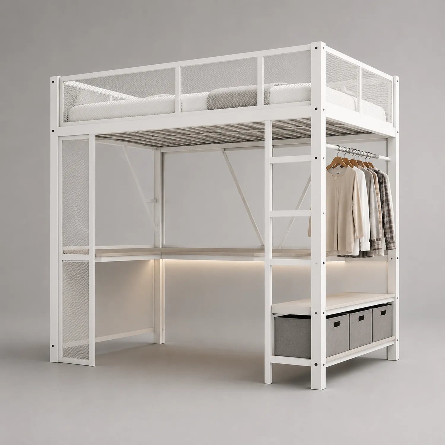 Metall Hochbett mit Schreibtisch und Kleiderschrank Weiß 200x90 cm