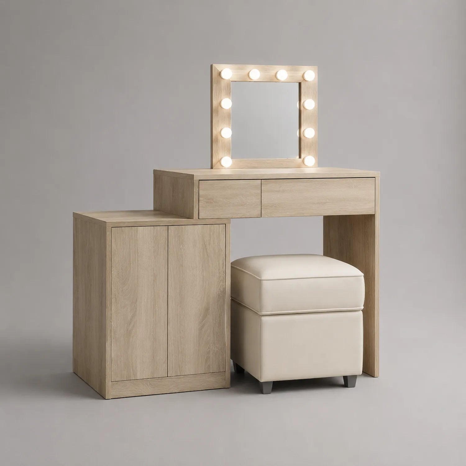 Frisiertischset mit Holz-LED-Spiegel und Kunstlederhocker