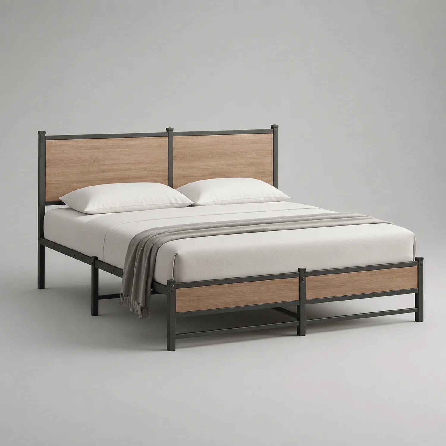 Metall Doppelbett mit Holz Kopfteil 200x160cm Schwarz/Natur