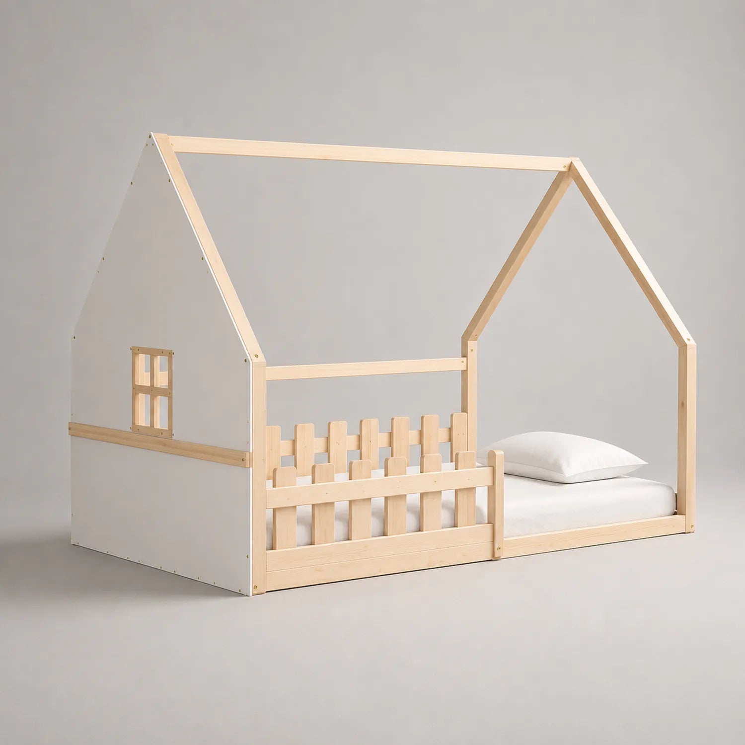 Kinderhausbett aus Kiefernholz und MDF Natur/Weiß 200x90cm