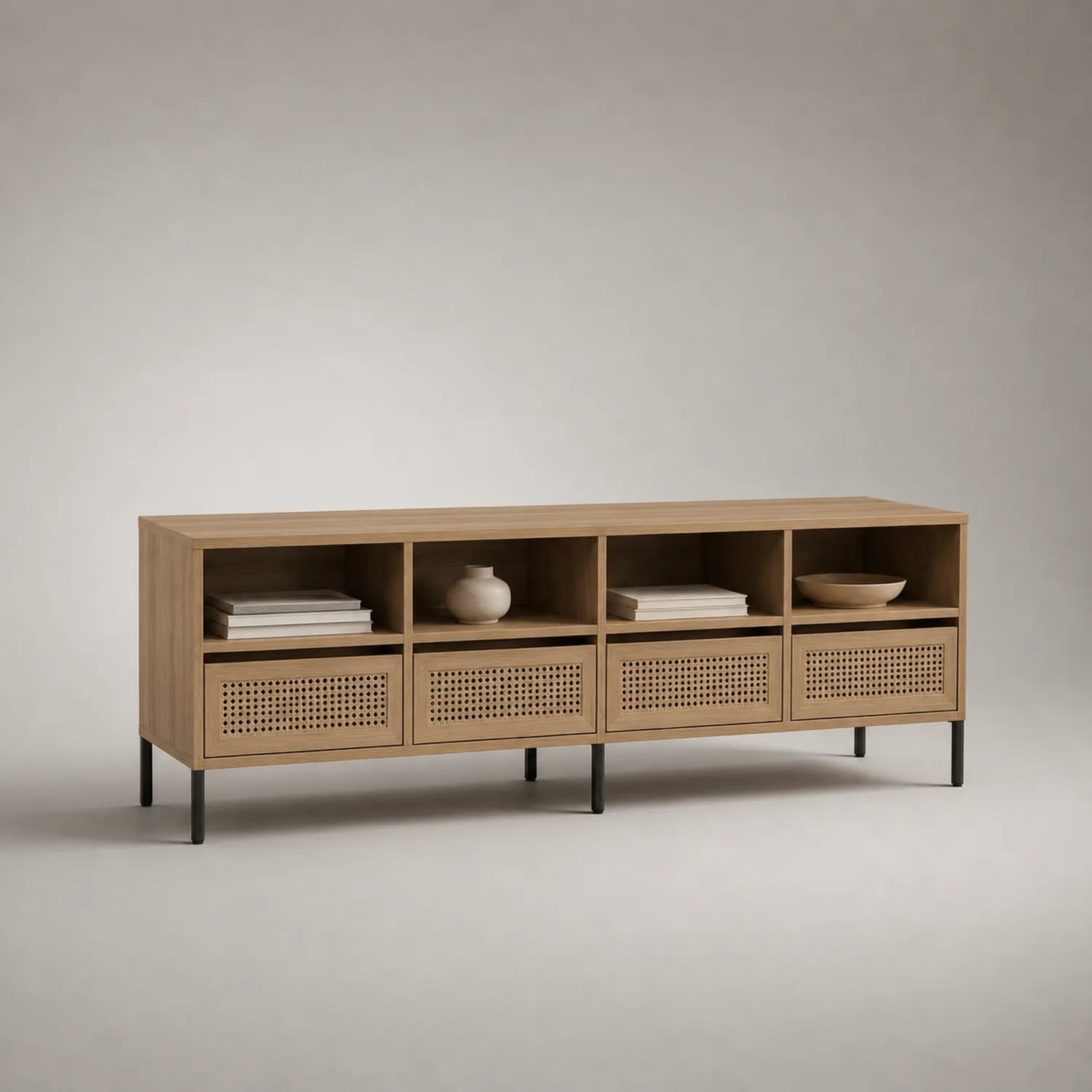 Eichenholz TV-Möbel mit Rattanfronten und Metallbeinen 200 cm