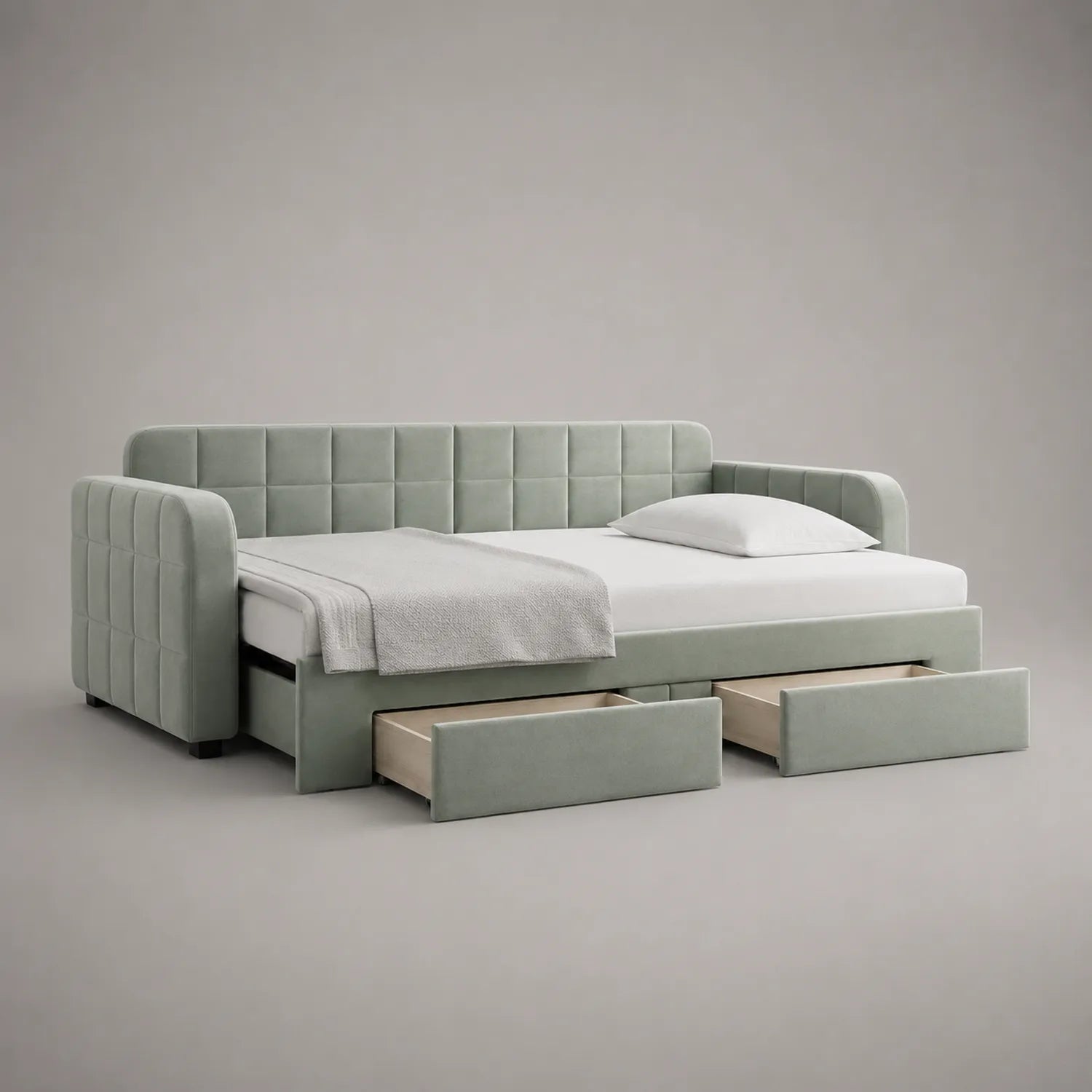 Samt Schlafsofa mit Schubladen, Holzrahmen, 200x90 cm, Hellgrün