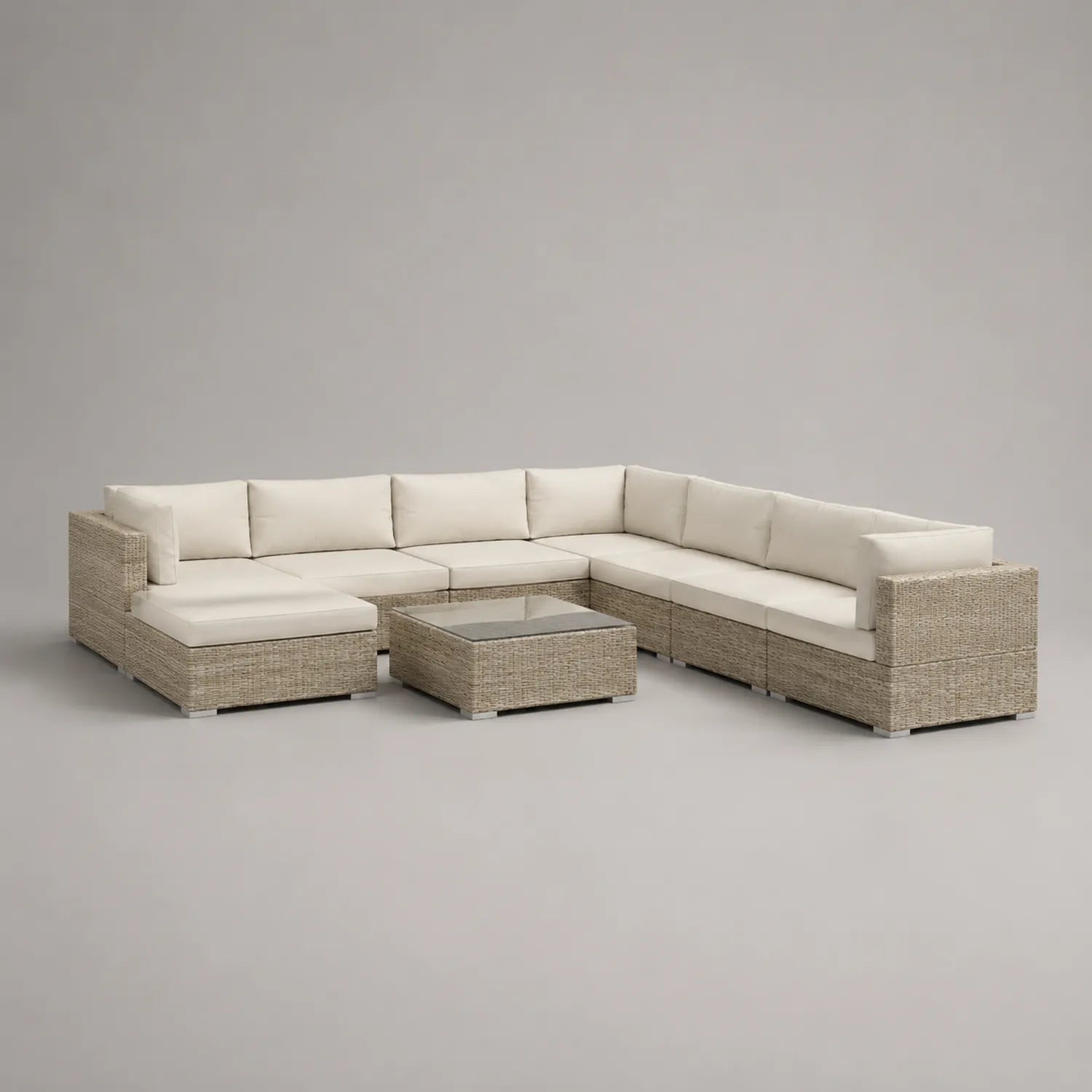 Modulares Rattan-Gartensofa-Set mit Tisch, Beige