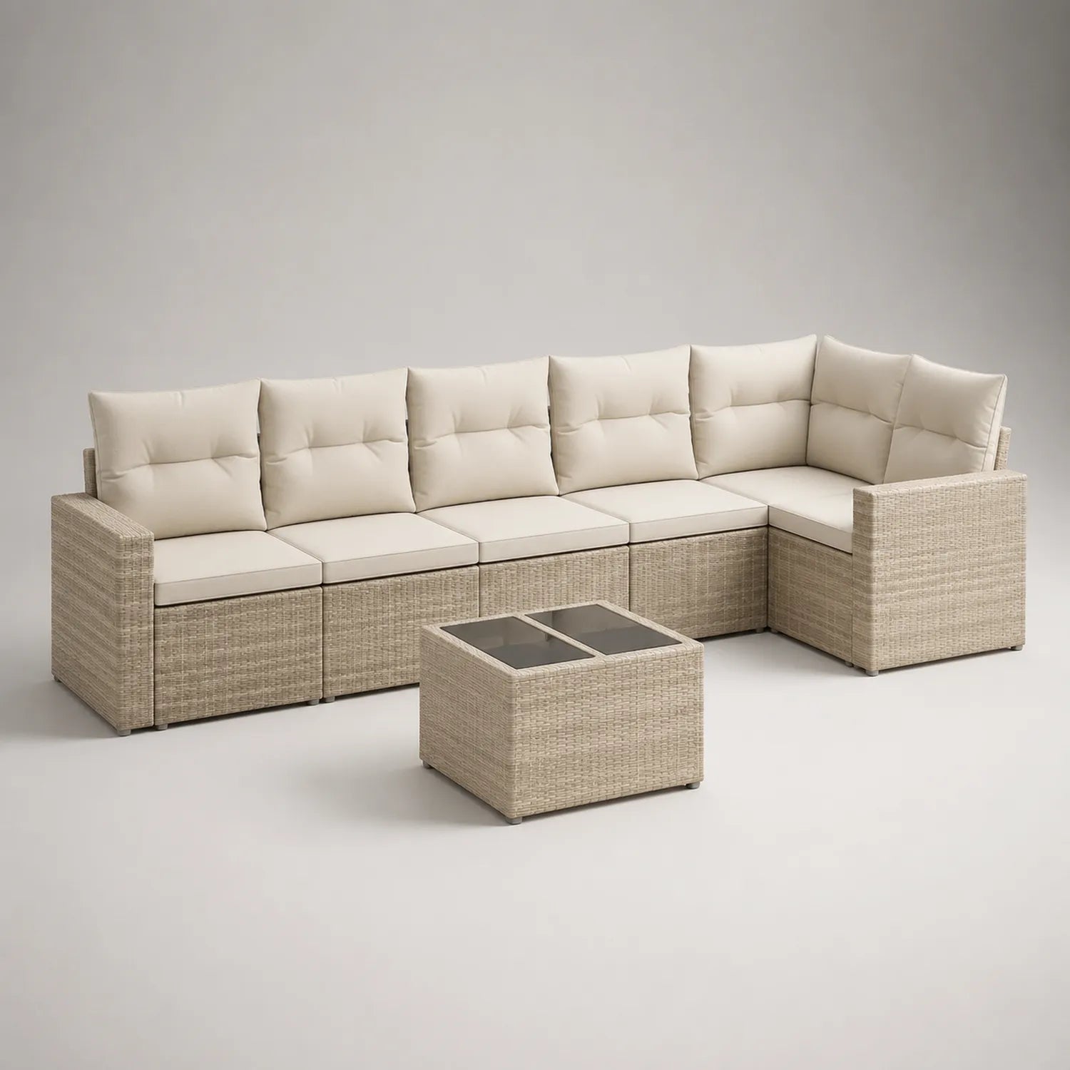 Outdoor-Sofa-Set Rattan 7-Sitzer Beige gehärtetes Glas
