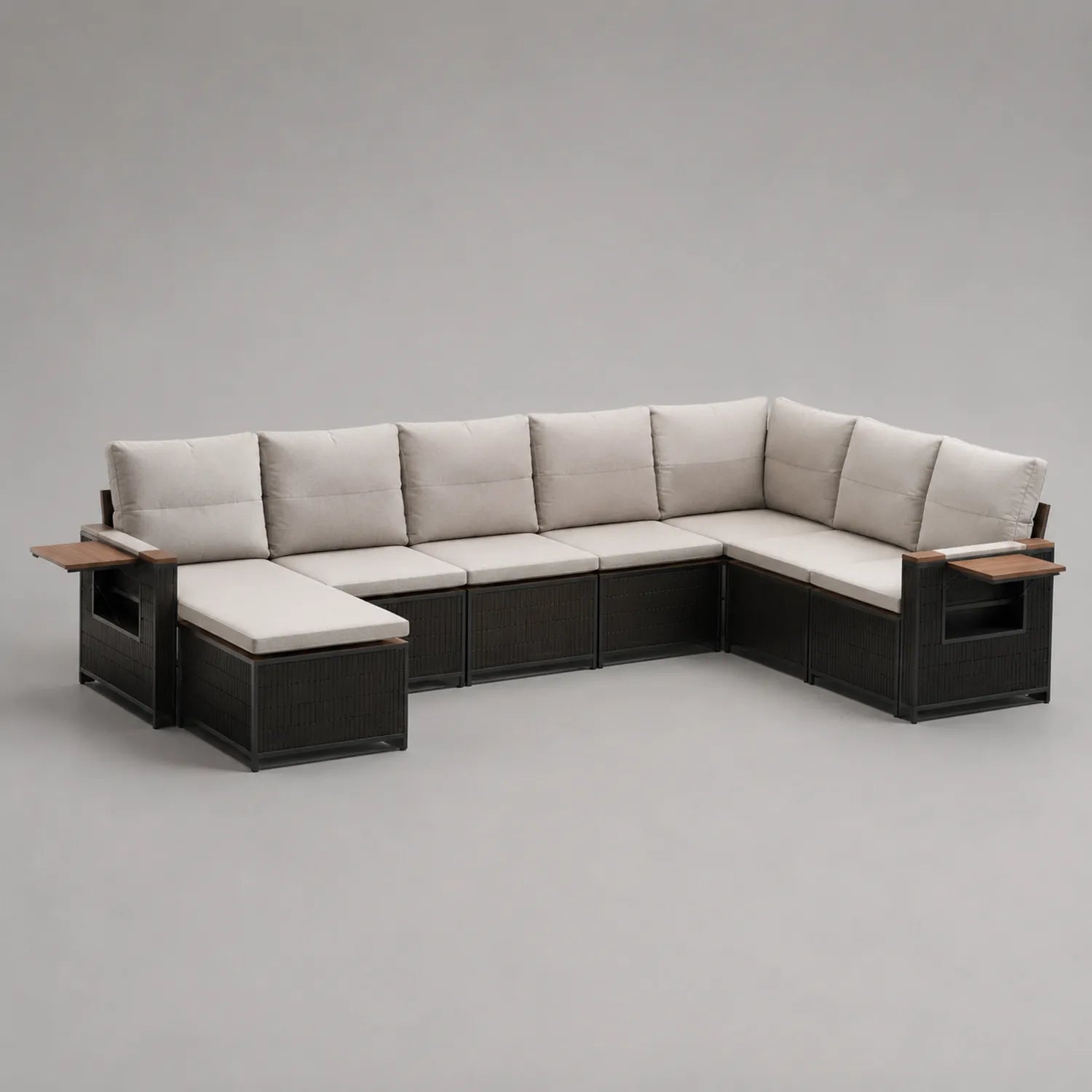 Garten Ecksofa aus PE-Rattan mit Tisch und Kissen Schwarz/Beige