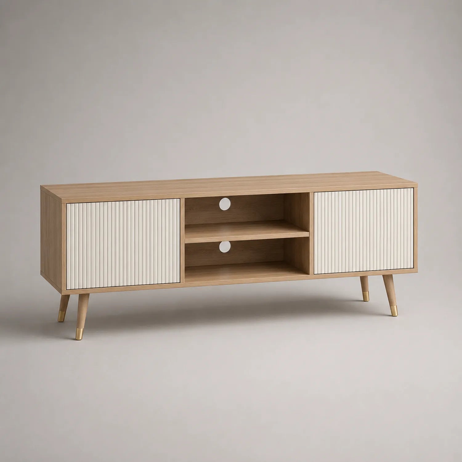 MDF TV-Schrank mit Eichenfurnier und weißen Türen, 150cm