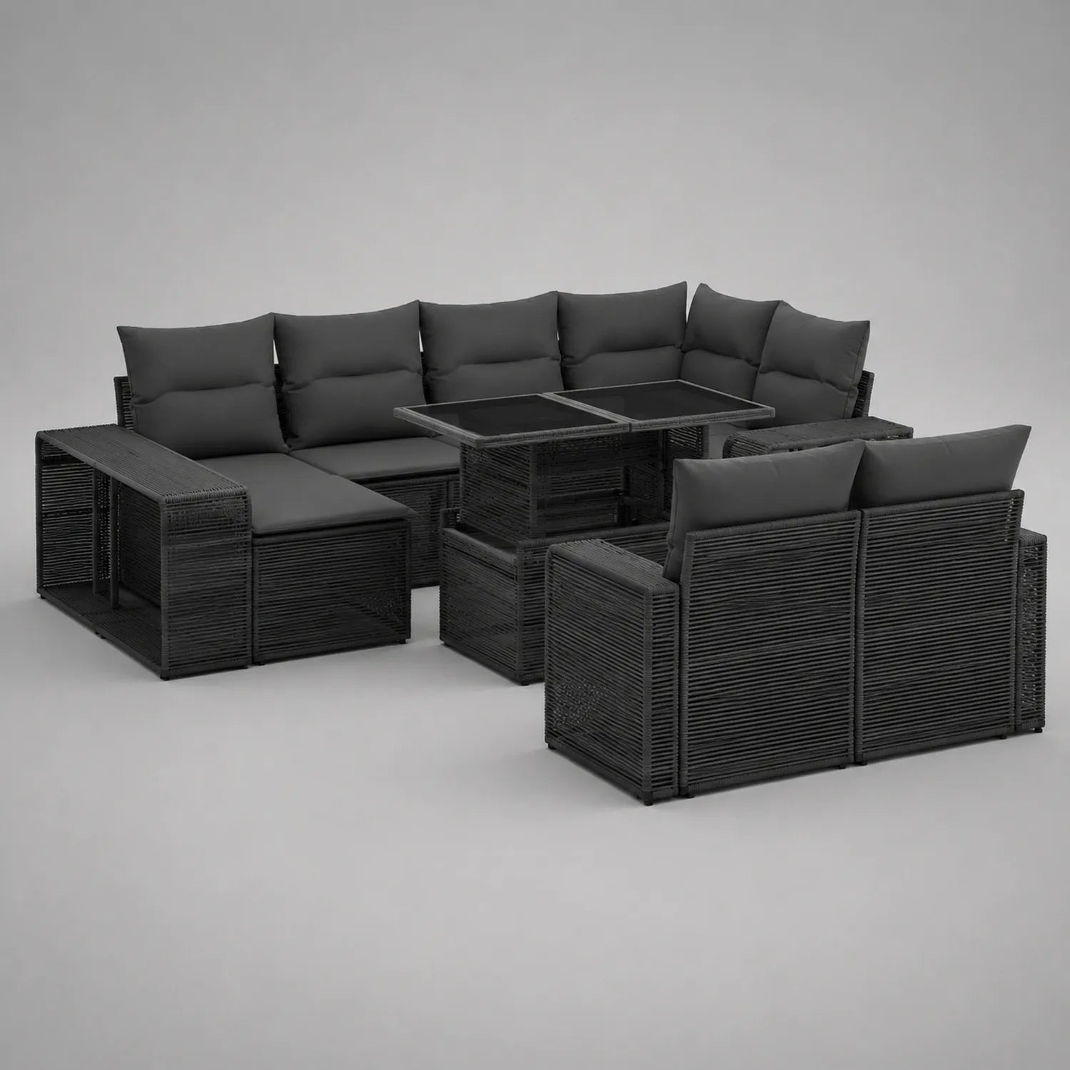 Gartenmöbel Set L-förmiges Sofa PE-Rattan Glasplatte Schwarz