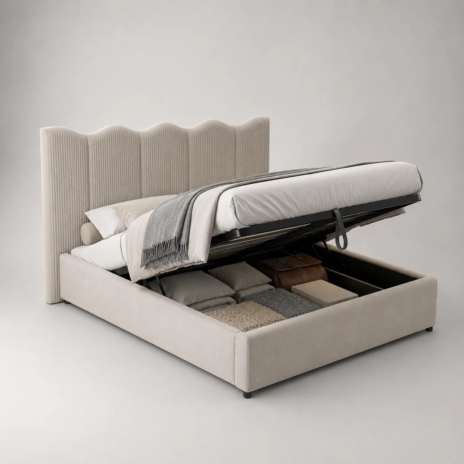 Stoffbett mit Stauraum und Hebemechanismus Beige 200x160 cm