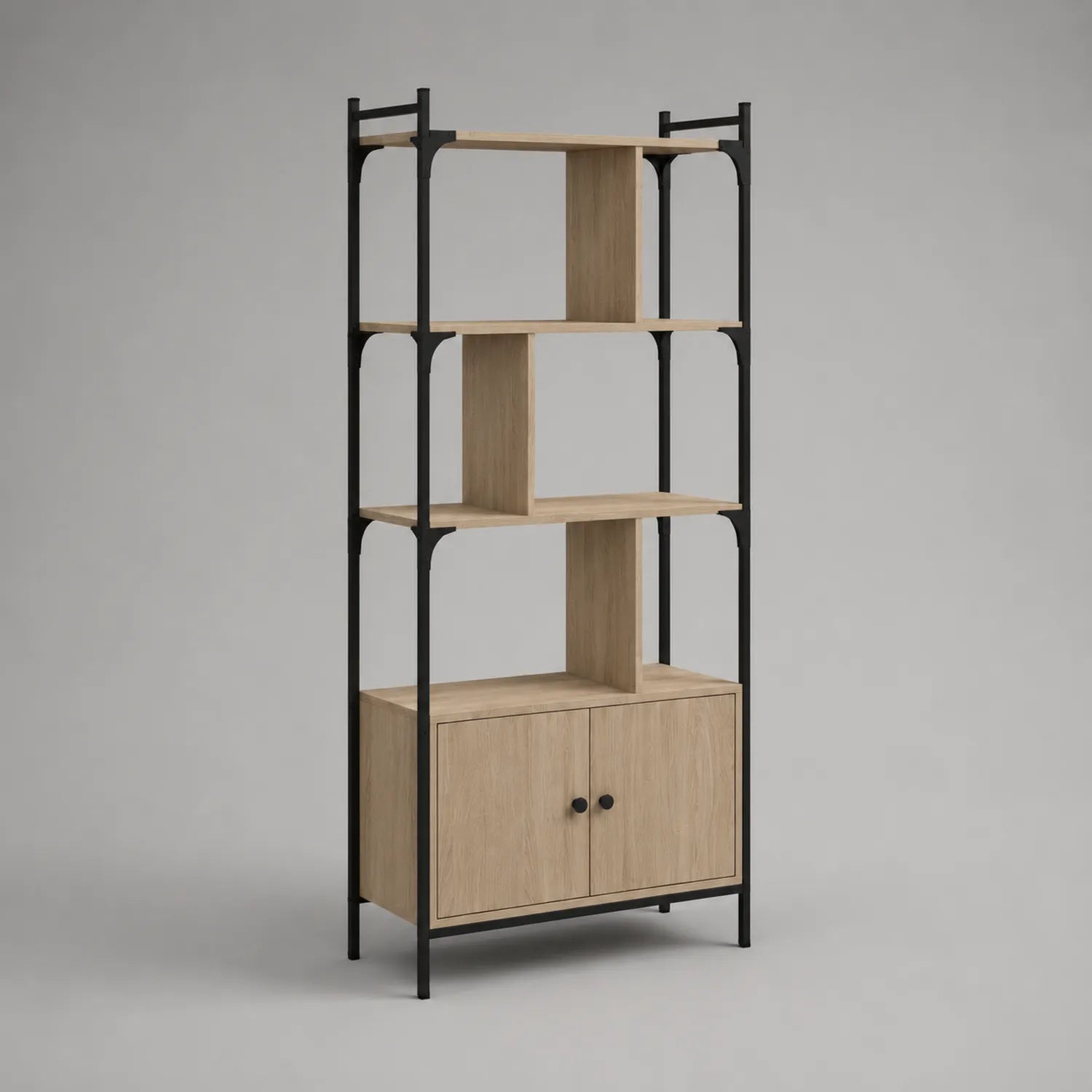 Metall-Holz Regal mit Schrank in Eiche und Schwarz, 180 cm hoch