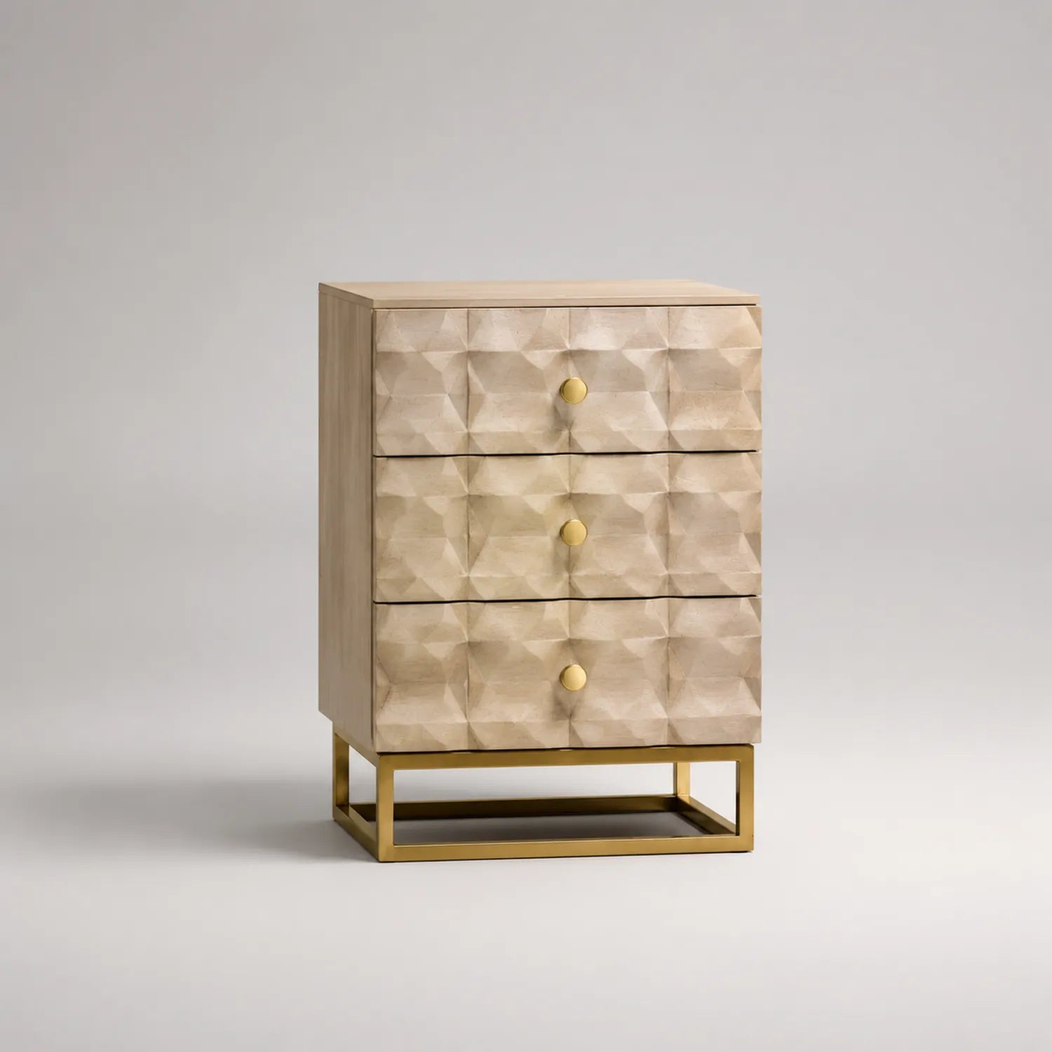 Holz Nachttisch mit 3 Schubladen und Metallgestell in Beige und Gold