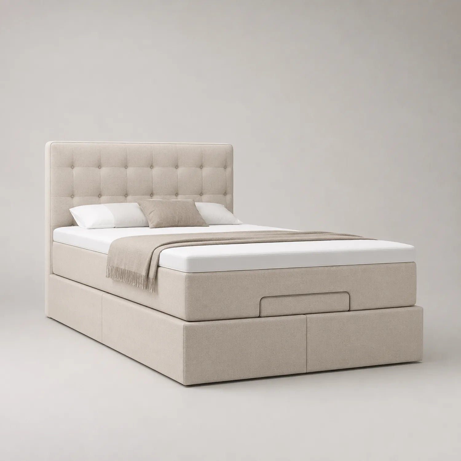 Beiges Stoff-Doppelbett mit Stauraum und Kopfteil 200x160 cm