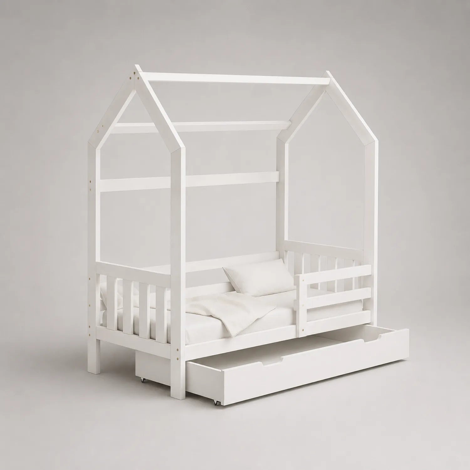Kinderhausbett mit Schublade aus Kiefernholz Weiß 200x90 cm