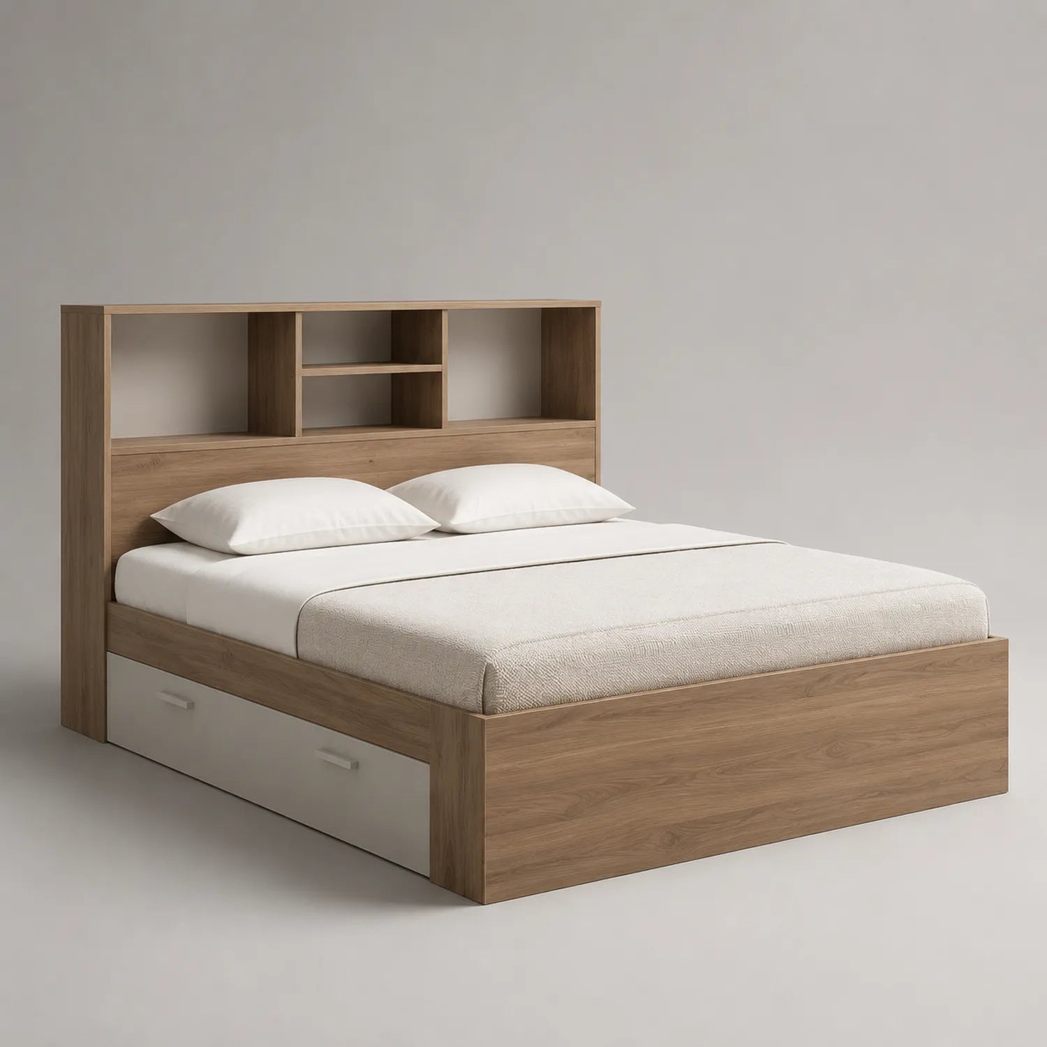 Holzbett mit Regal-Kopfteil und Schubladen 200x160 cm