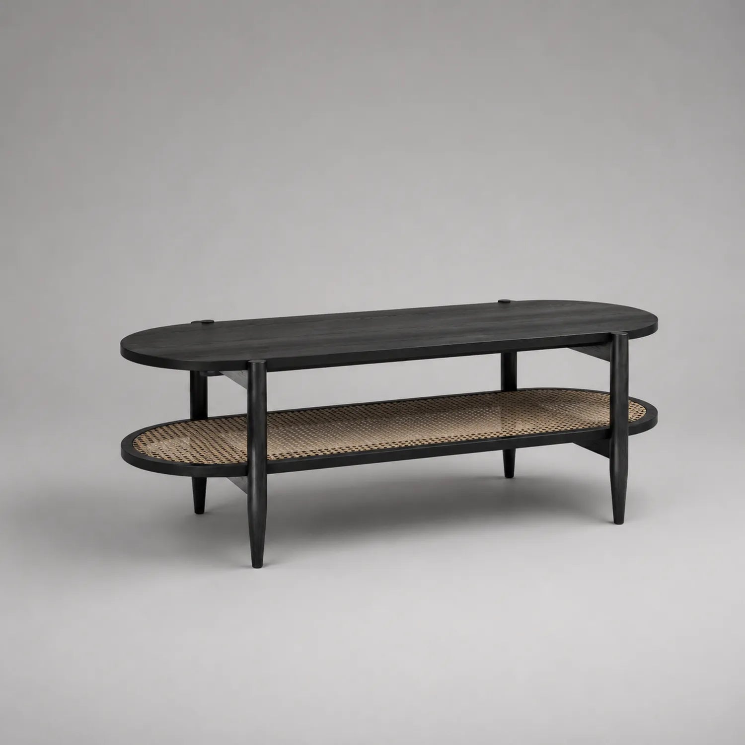 Holz Couchtisch mit Rattan-Geflechtregal in Schwarz und Natur