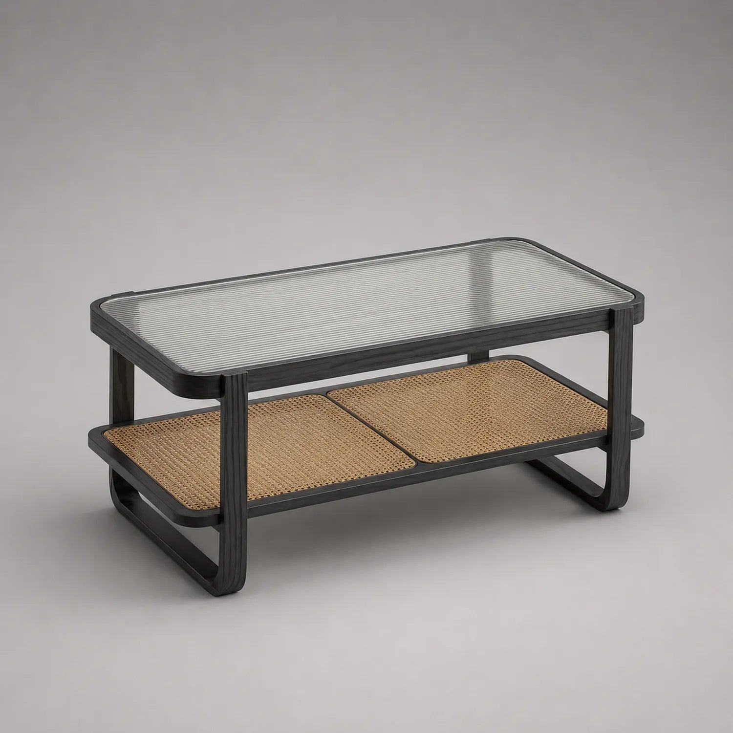 Rechteckiger Couchtisch mit Glasplatte und Massivholzrahmen