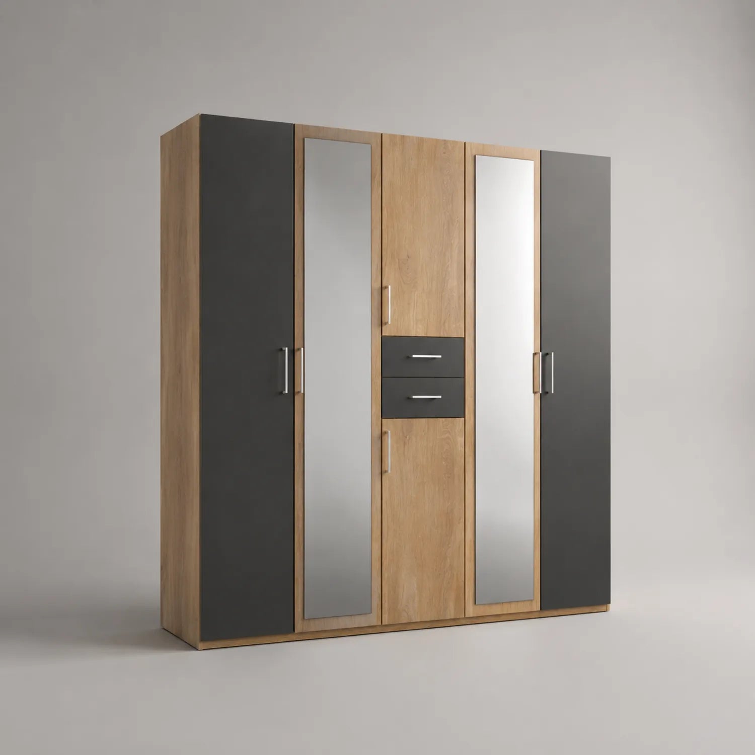 Kleiderschrank mit Spiegeln und Schubladen, Holzoptik und Schwarz, 4-türig, 200x60x215 cm