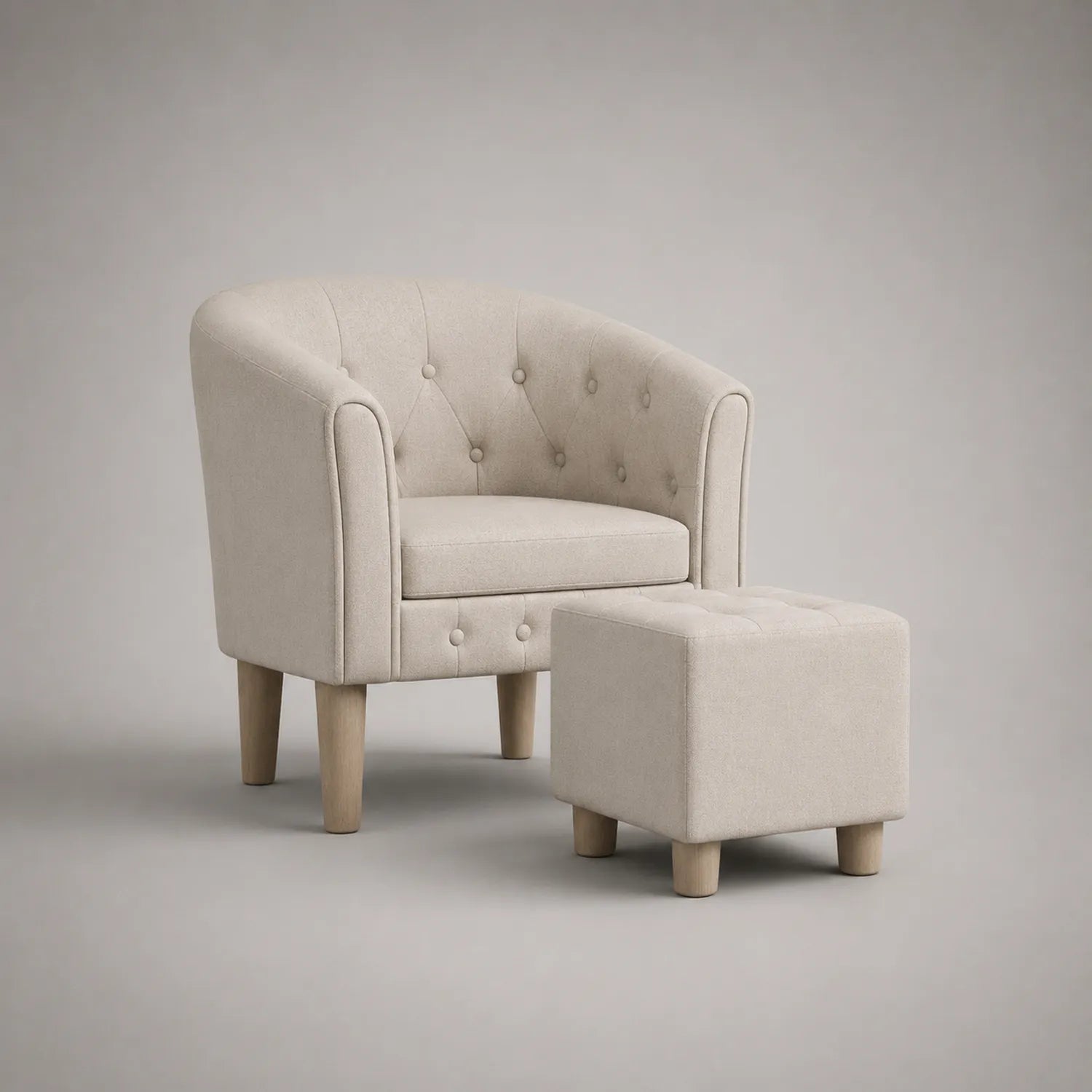 Polstersessel und Hocker Set in Beige mit Holzbeinen